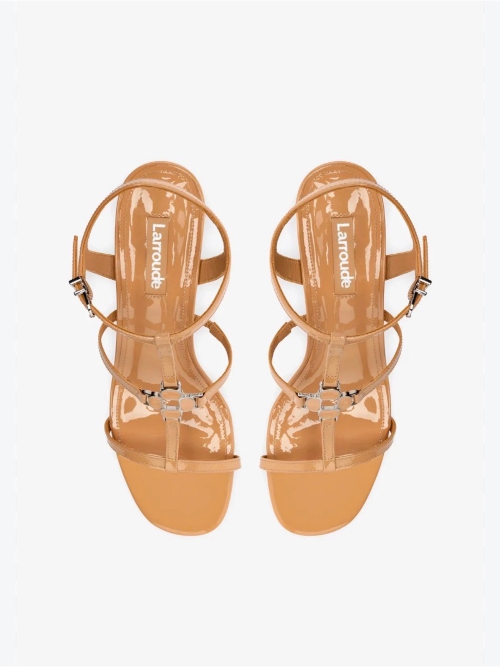 Tan Patent Strappy Sandals with T-Bar Detail